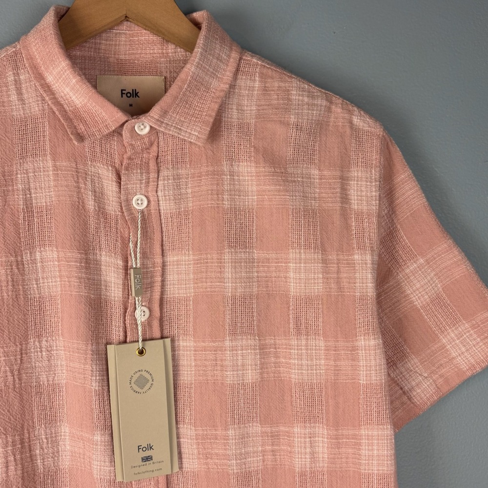 NEW Folk William Short Sleeve Revere Shirt Men Medium Pink Cream Button Up Check